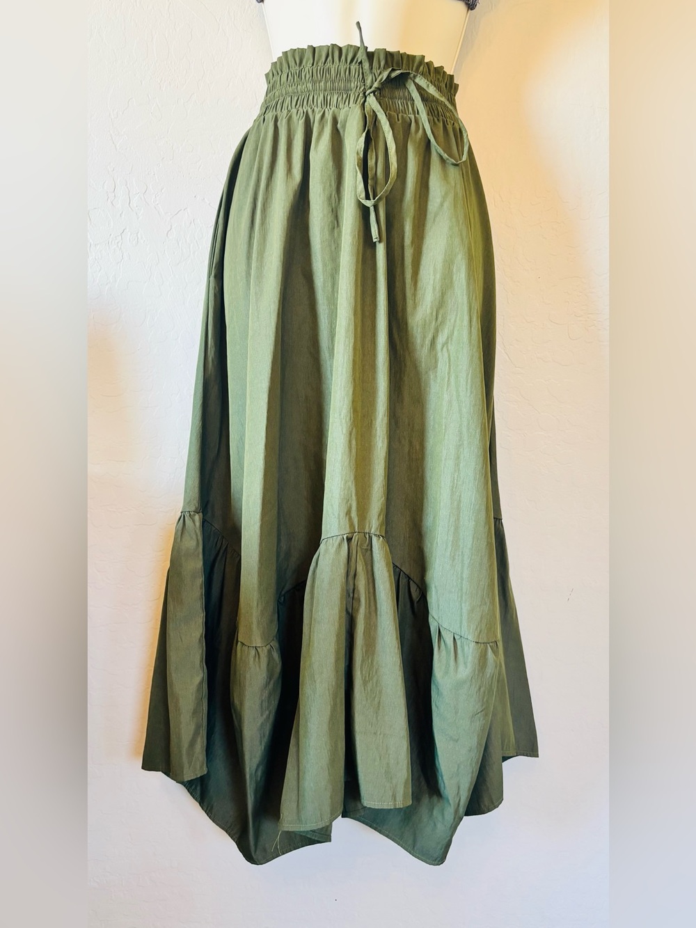 Amazon Olive Green Tiered Maxi Skirt with Drawstring Waist